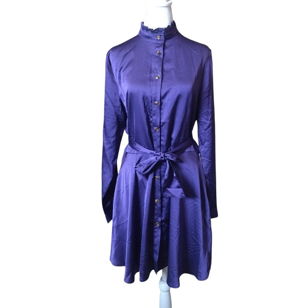 Area Stars Women's Medium Purple Belted  Button Front Satiny Shirt Dress Ruffle